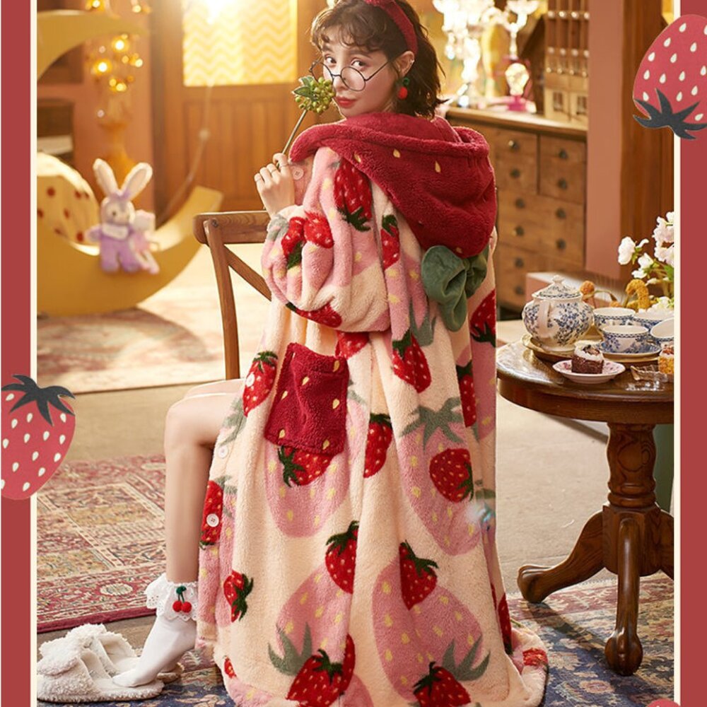 Strawberry Mochi Plush Robe | Women Sleep Pajama Night Robe Fleece Dress PJ